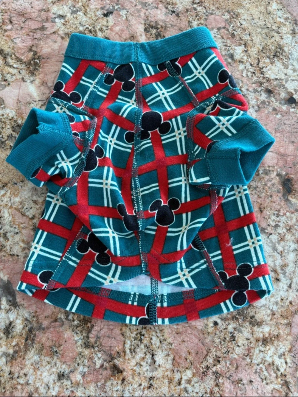 Mickey themed Dog coat in Teal Plaid Cotton Stretch with Red Accents-Size S
